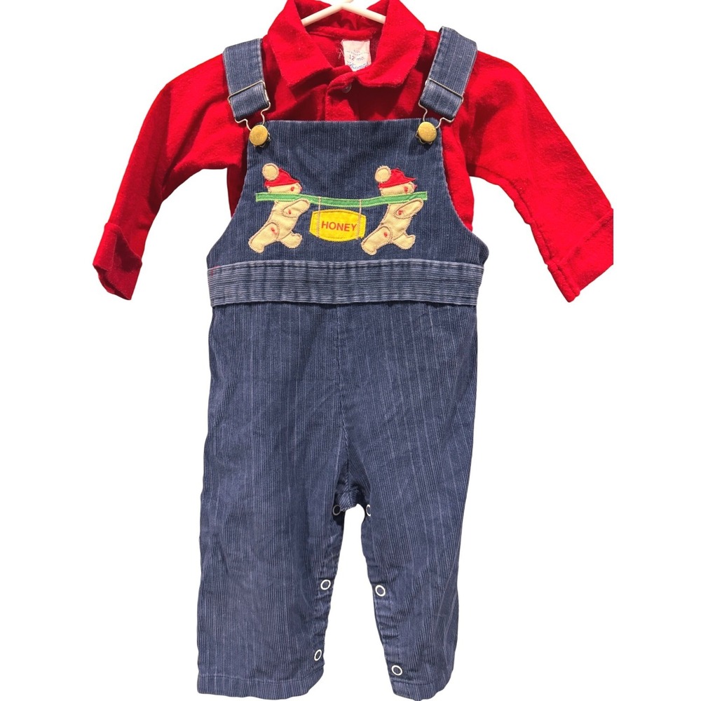 Vtg By Thomas Corduroy Overalls Set 12 Mo Red Shirt Bears Honey Pot Appliqué